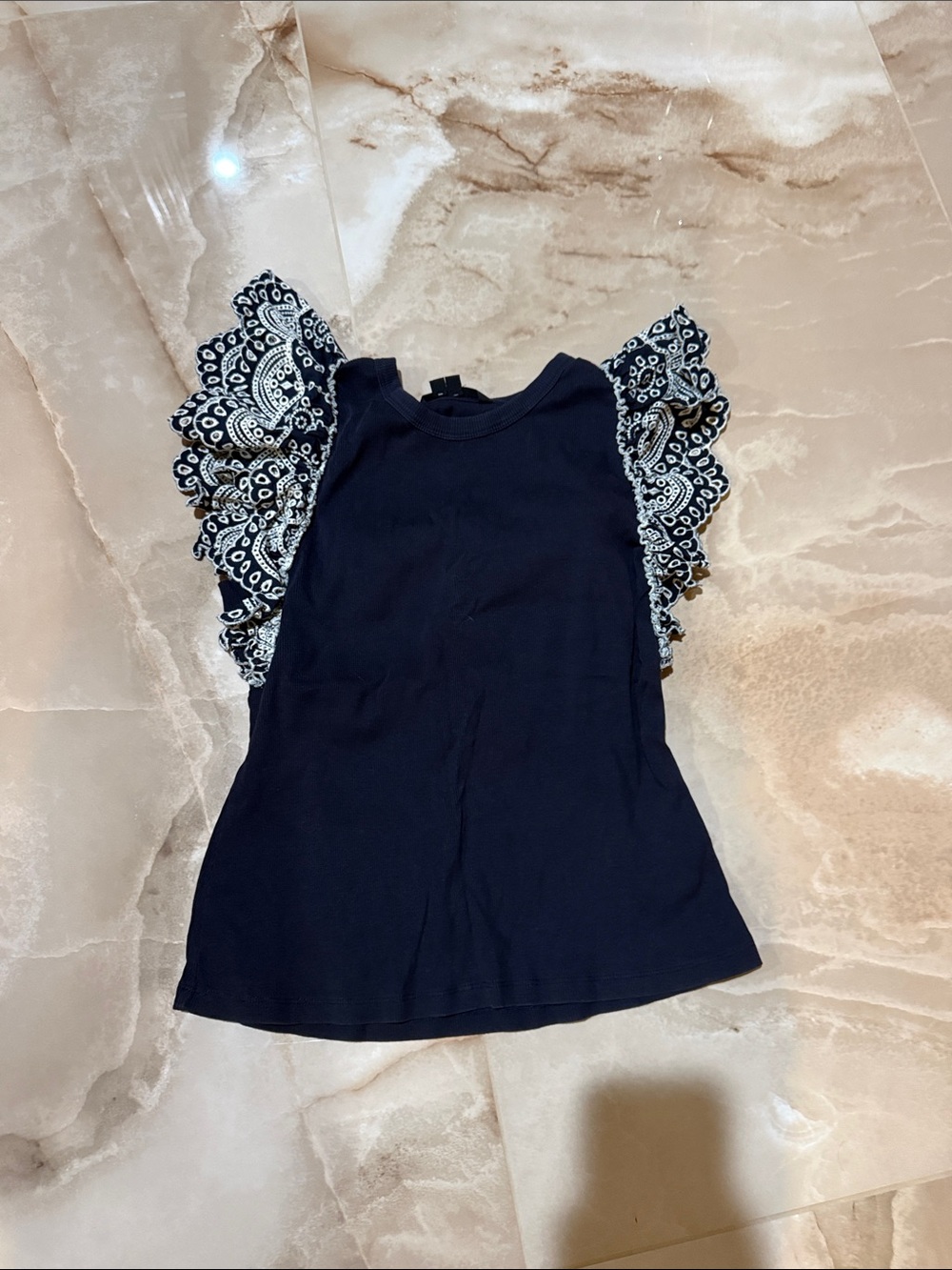 Veronica Beard Navy Tank with White Lace Ruffle Sleeves